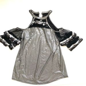 Silver XL top, cut out short sleeves embellished
